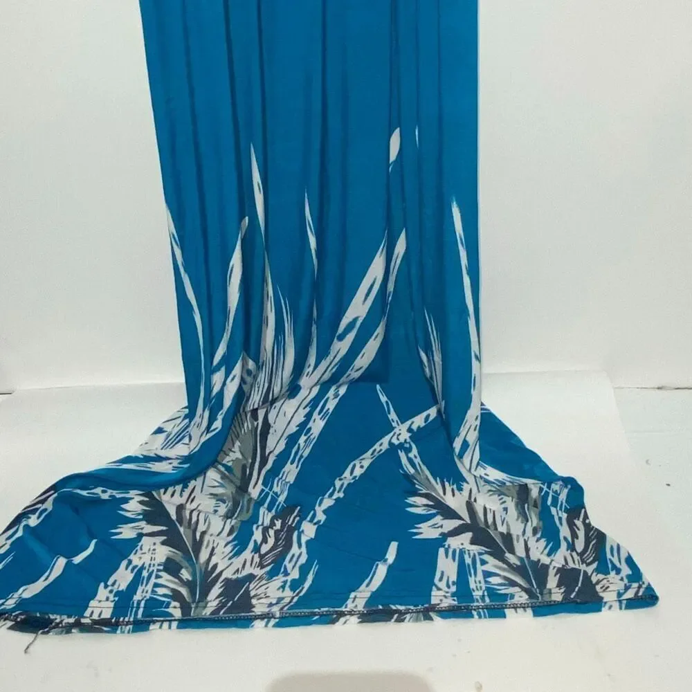 Women's Blue White Tropical Smocked Stretchy‎ Pullover Maxi Dress One Size NWT